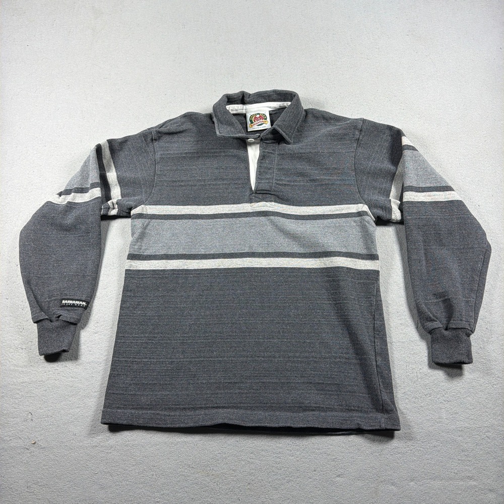 Barbarian Rugby Shirt Men Small Striped Grey Charcoal Long Sleeve Preppy Thick